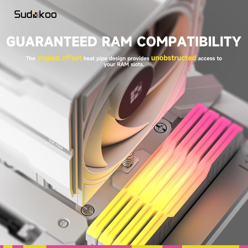 Sudokoo مبرد المعالج SK700 الأبيض AM5: مبرد هواء للمعالج مع 7 أنابيب حرارية حصري لـ AM5 - برج واحد لتبريد الكمبيوتر مع مروحة هادئة FDB PWM بحجم 120 مم وتركيب قفل L-Rail - Image 4